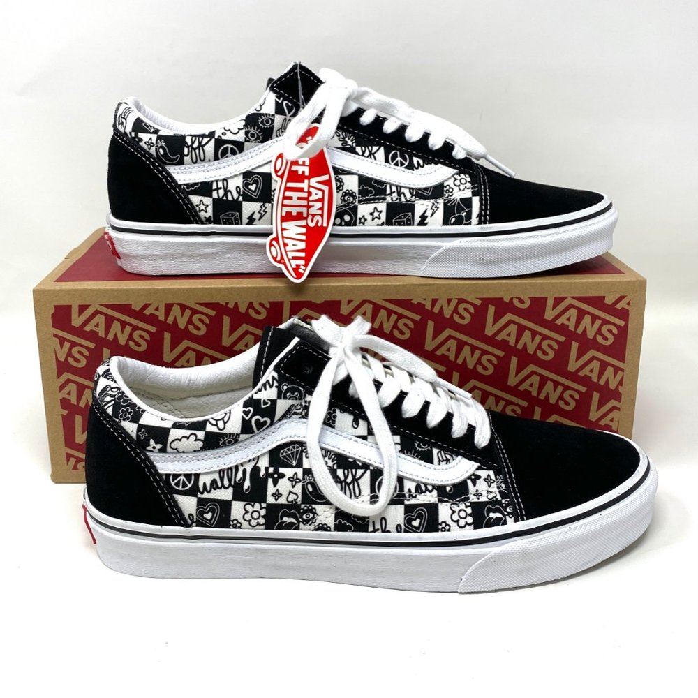 VANS Men's Size VN0A7Q2J6U6 OLD SKOOL Doodle Checkerboard Black White Sneaker - Picture 6 of 11